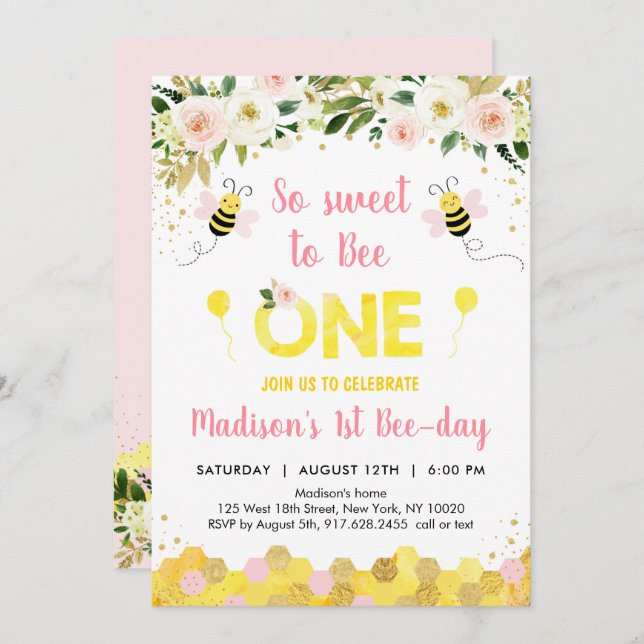 Pink Bee First Birthday Invitation (Front/Back)