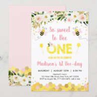 Pink Bee First Birthday Invitation