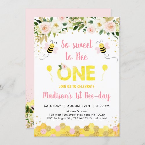 Pink Bee First Birthday Invitation