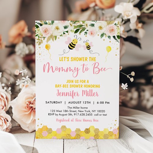 Pink Bee Floral Baby Shower Invitation