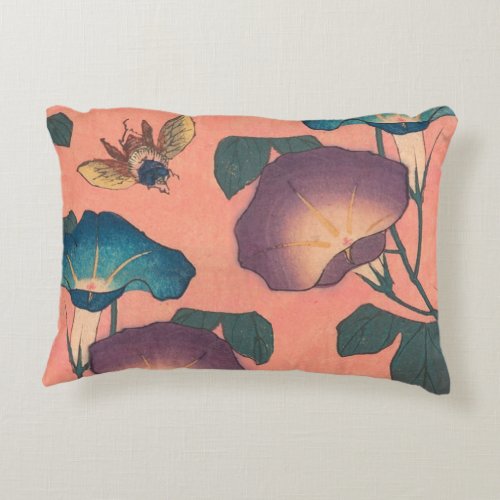 Pink Bee Flower Classic Hokusai Art Accent Pillow