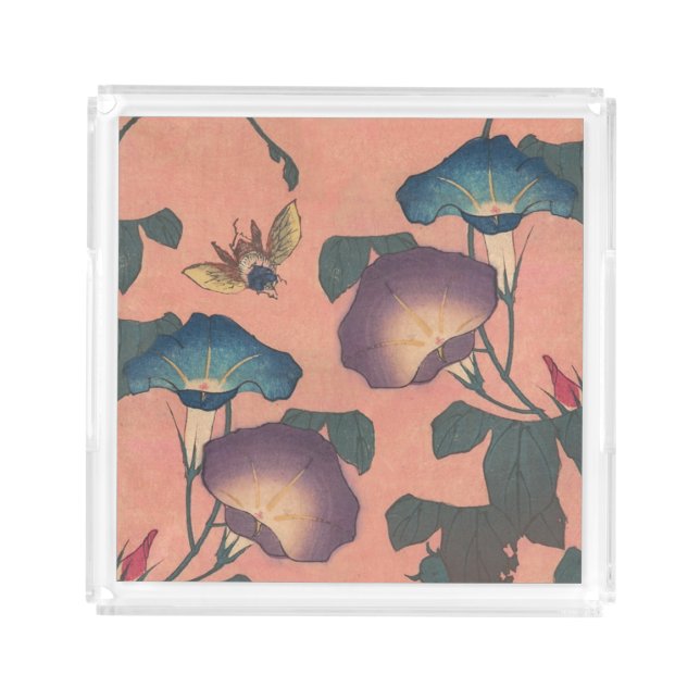 Pink Bee Flower Classic Hokusai Art Acrylic Tray (Front)