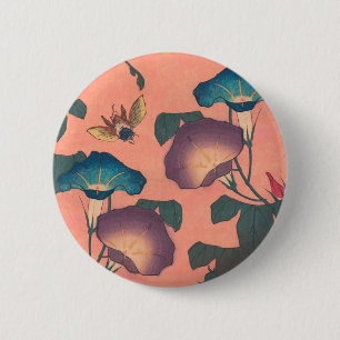 Pink Bee Flower Classic Hokusai Art Button