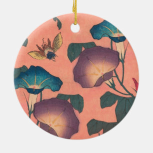 Pink Bee Flower Classic Hokusai Art Ceramic Ornament