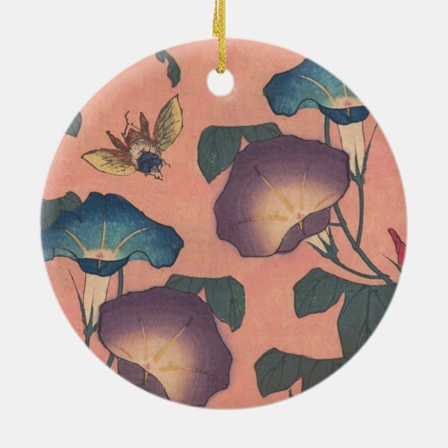 Pink Bee Flower Classic Hokusai Art Ceramic Ornament (Back)