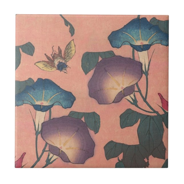 Pink Bee Flower Classic Hokusai Art Ceramic Tile (Front)