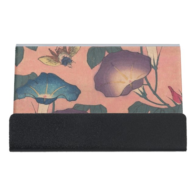 Pink Bee Flower Classic Hokusai Art Desk Business Card Holder (Front)
