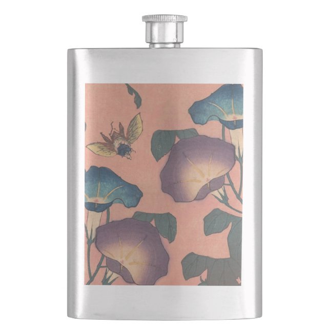Pink Bee Flower Classic Hokusai Art Flask (Front)