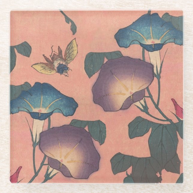 Pink Bee Flower Classic Hokusai Art Glass Coaster (Front)