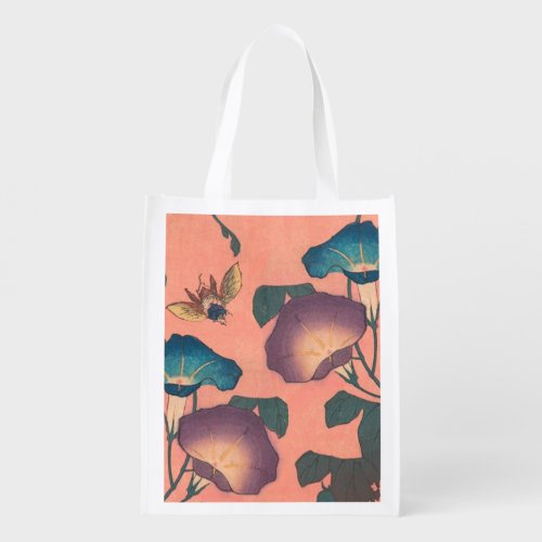 Pink Bee Flower Classic Hokusai Art Grocery Bag