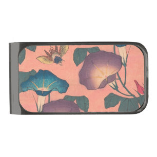 Pink Bee Flower Classic Hokusai Art Gunmetal Finish Money Clip