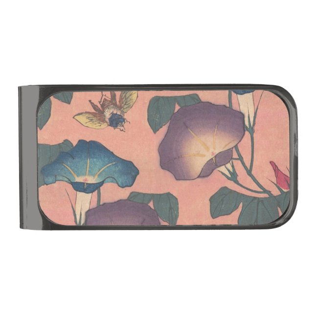 Pink Bee Flower Classic Hokusai Art Gunmetal Finish Money Clip (Front)