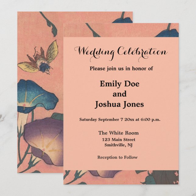 Pink Bee Flower Classic Hokusai Art Invitation (Front/Back)