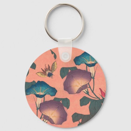 Pink Bee Flower Classic Hokusai Art Keychain