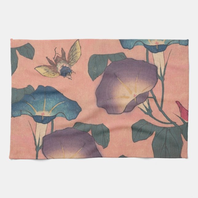 Pink Bee Flower Classic Hokusai Art Kitchen Towel (Horizontal)