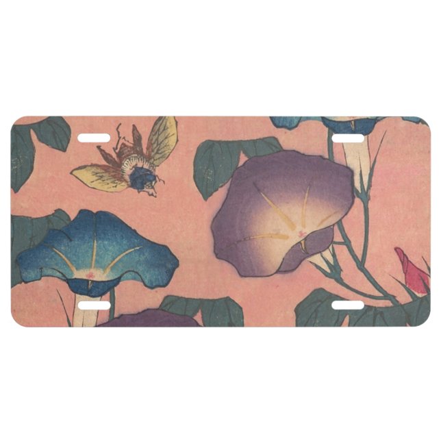 Pink Bee Flower Classic Hokusai Art License Plate (Front)