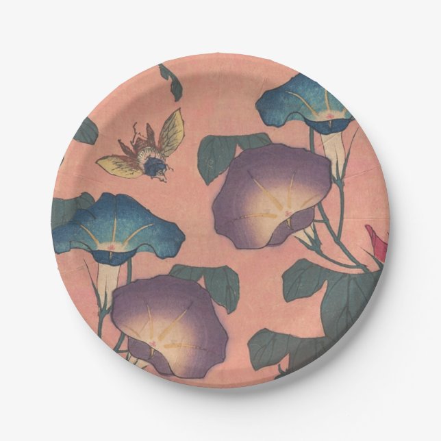 Pink Bee Flower Classic Hokusai Art Paper Plates (Front)