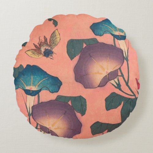 Pink Bee Flower Classic Hokusai Art Round Pillow