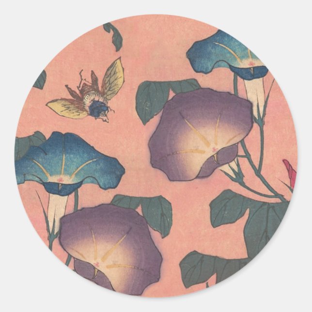 Pink Bee Flower Classic Hokusai Art Round Sticker (Front)
