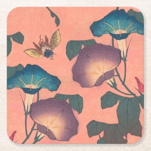 Pink Bee Flower Classic Hokusai Art Square Paper Coaster