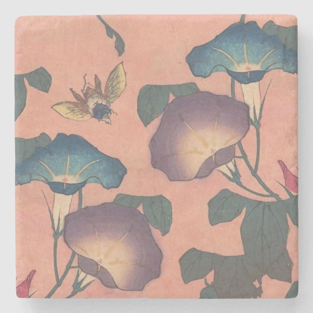 Pink Bee Flower Classic Hokusai Art Stone Coaster (Front)