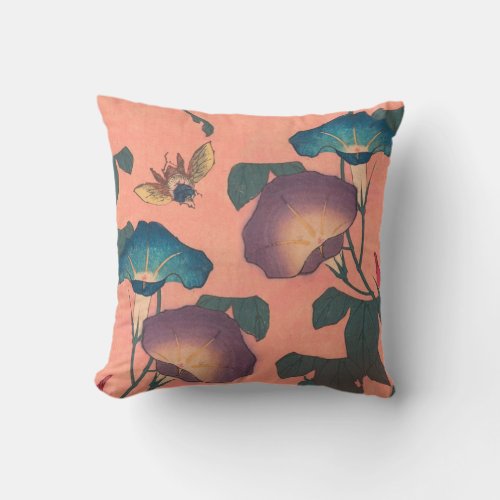 Pink Bee Flower Classic Hokusai Art Throw Pillow