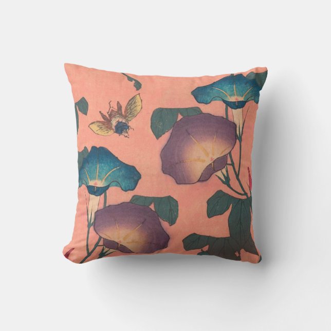 Pink Bee Flower Classic Hokusai Art Throw Pillow (Front)