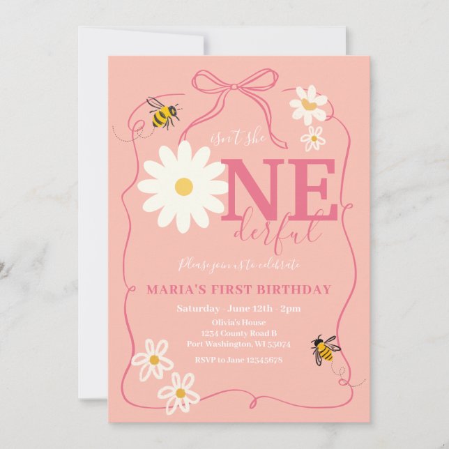 Pink Bee Isn't she ONEderful Daisy First Birthday  Invitation (Front)
