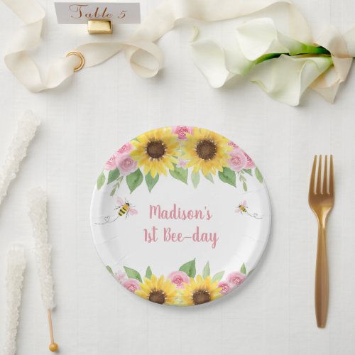 Pink Bee Sunflower Birthday Paper Plates