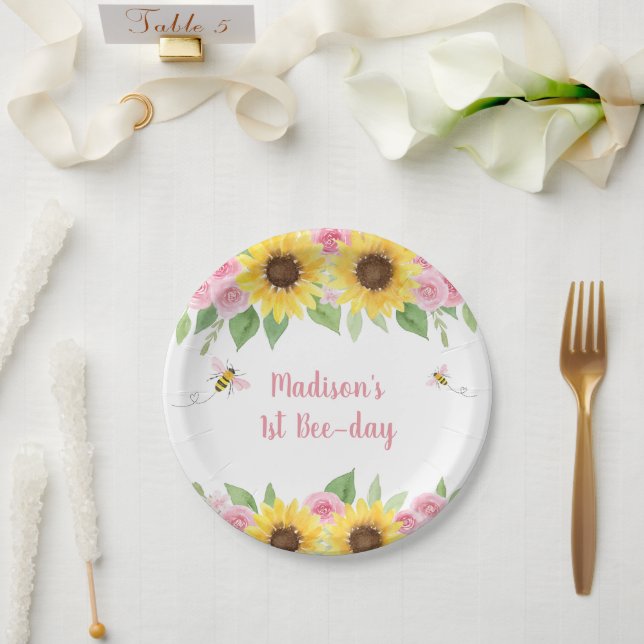 Pink Bee Sunflower Birthday Paper Plates (Wedding)