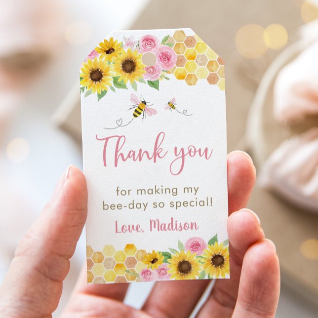 Pink Bee Sunflower Birthday Thank You Gift Tags (Creator Uploaded)