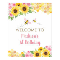 Pink Bee Sunflower Birthday Welcome Poster