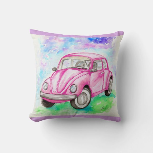 Pink Beetle Watercolor Painting Throw Pillow (Front)