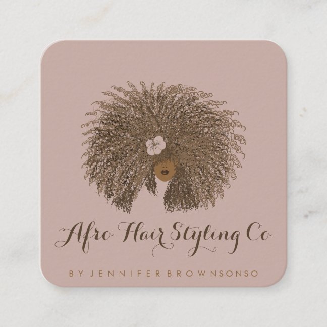 Pink Beige Afro Hair Stylist Square Business Card