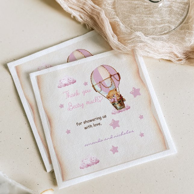 Pink Beige Baby Bear Hot Air Balloon Rustic Napkins (Creator Uploaded)