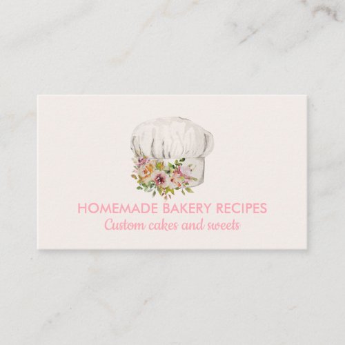 Pink Beige Bakery chef watercolor floral pastry Business Card