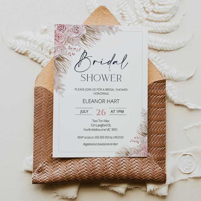 Pink Beige Boho Pampas Grass Bridal Shower Invitation (Modern pink and beige boho floral bridal shower invitation with roses and pampas grass.)