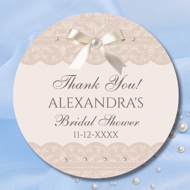 Pink Beige Bow Lace Bridal Shower Thank You Classic Round Sticker (Creator Uploaded)