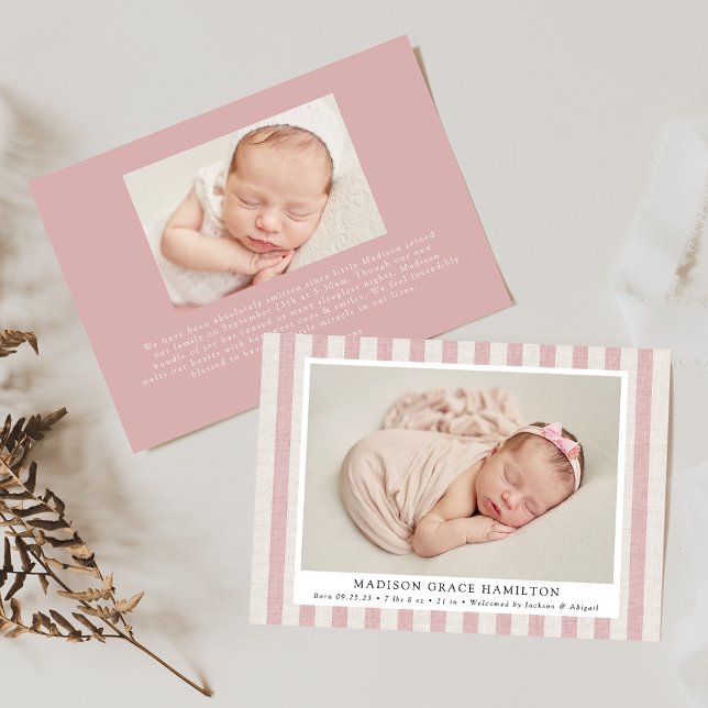 Pink & Beige Farmhouse Linen Stripes 2 Photo Birth Announcement (Creator Uploaded)