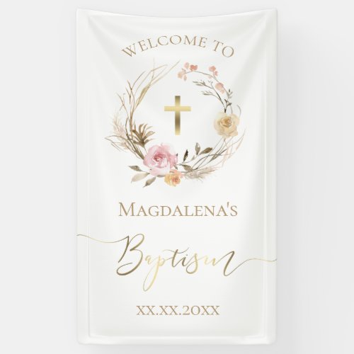 pink beige flowers wreath   Baptism Banner