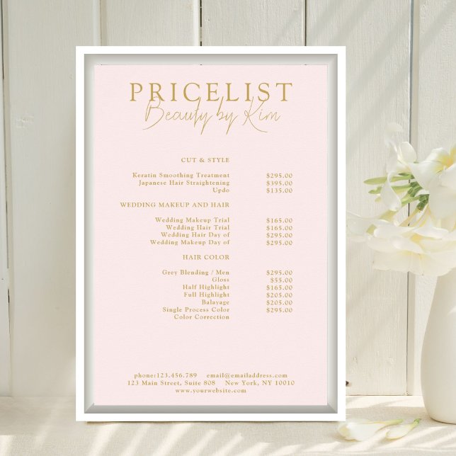 Pink & Beige-Gold Elegant Salon Price List Poster (Personalized Pink & Beige-Gold Elegant, Salon Price List Poster)