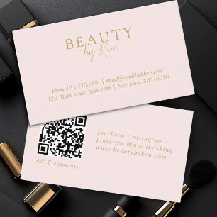 Pink & Beige-Gold Minimal Elegant, Salon QR Code Business Card