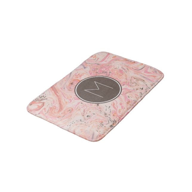 Pink Beige Gray Marble Monogram Bath Mat (Angled)