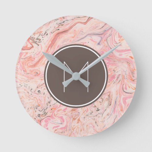 Pink Beige Gray Marble Monogram Round Clock