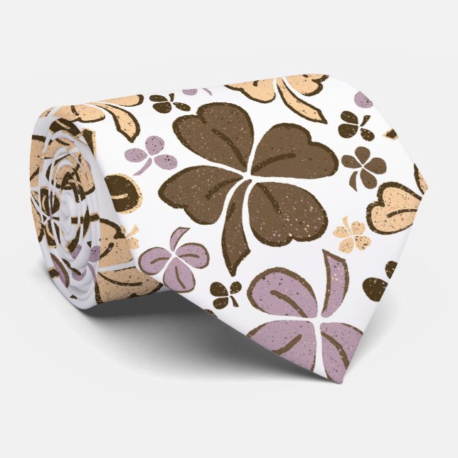 Pink Beige Lucky Clover Shamrock Pattern Neck Tie (Rolled)