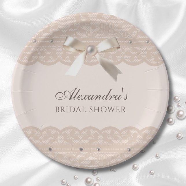Pink Beige Regency Satin Bow Bridal Shower Paper Plates (Creator Uploaded)