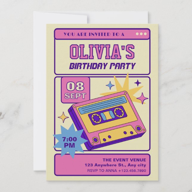 Pink beige retro music party cassete  invitation (Front)