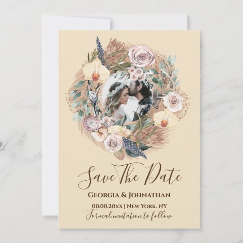Pink beige rustic floral wreath photo boho beige save the date
