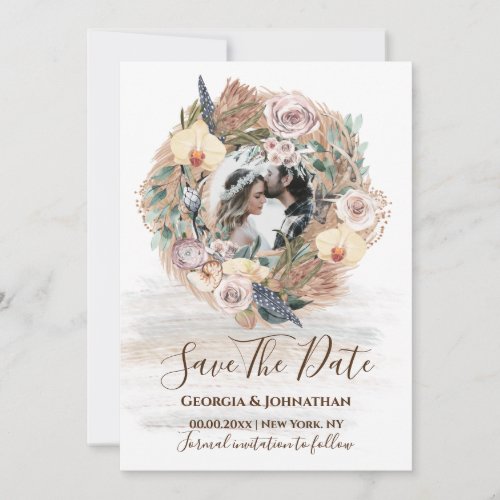 Pink beige rustic floral wreath photo boho chic save the date
