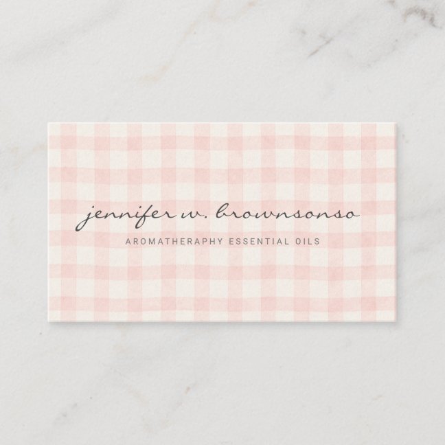 Pink beige script letters Plaid Gingham Business Card